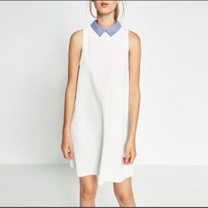 Zara Collared Shift Dress in White with Blue Striped Collar - Size L